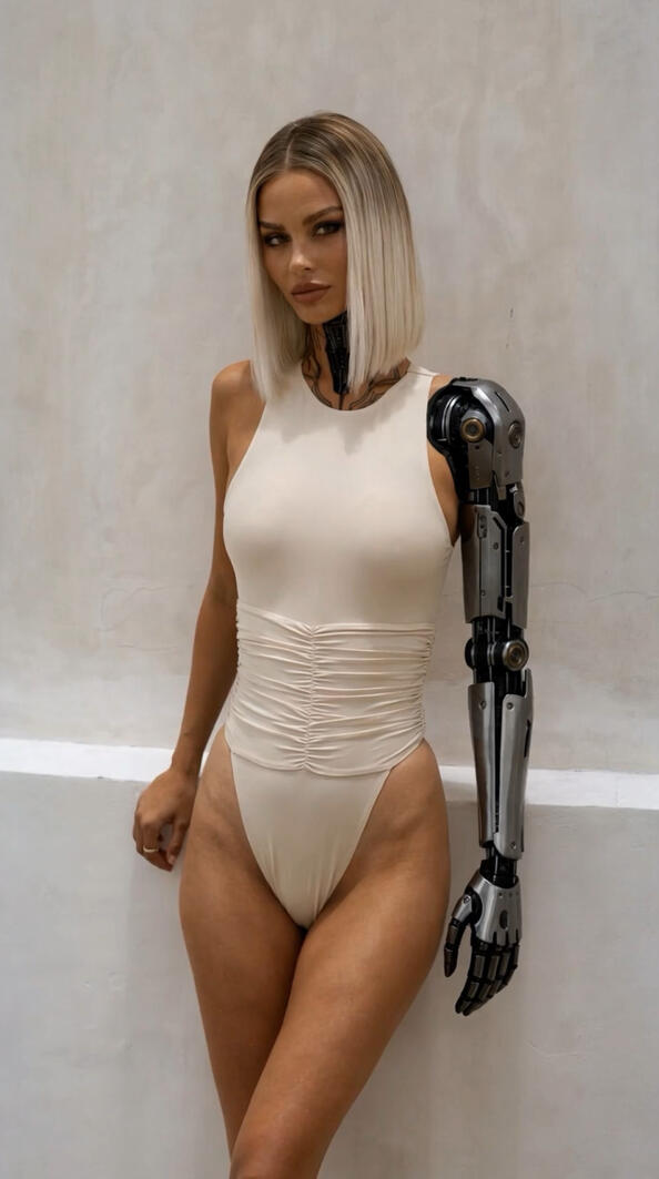 Mia Liorvian wears a cream sleeveless high-cut bodysuit with ruched waist, leaning against a light wall. The cyberpunk model features a detailed silver robotic cybernetic arm and neck tech in this elegant bionic beauty shoot by Liorvian Studios.