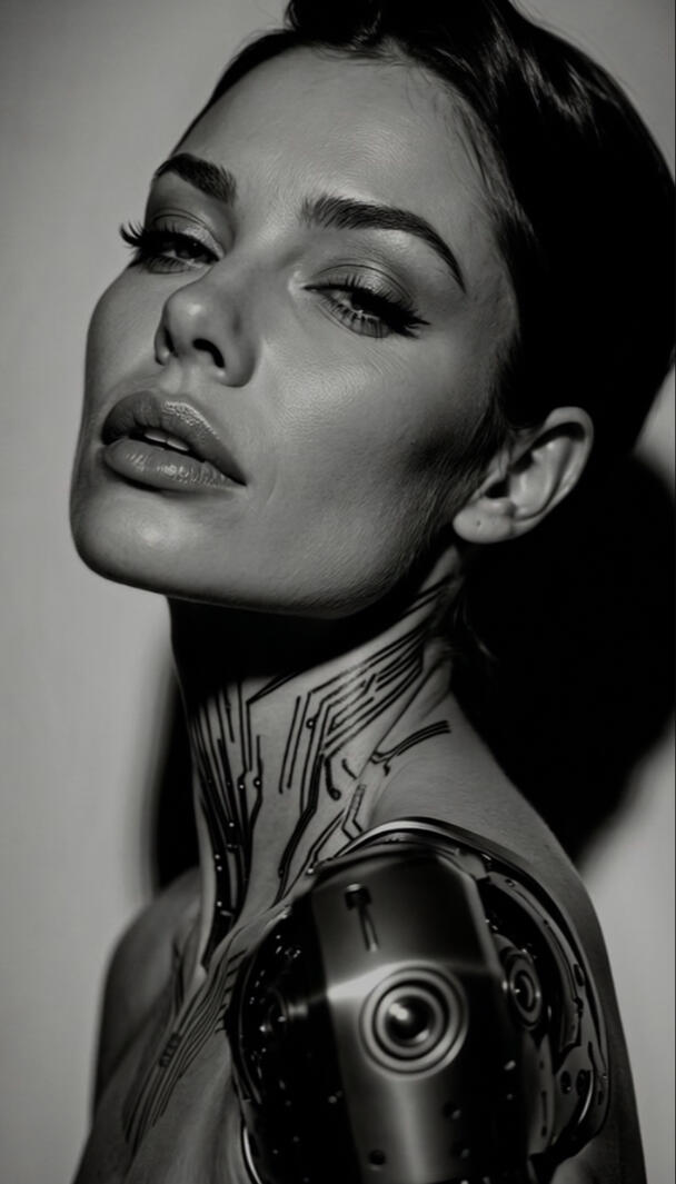 Portrait of Mia Liorvian smiling on a gray studio backdrop with soft, natural makeup.