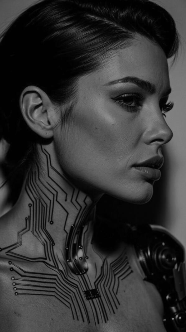 Mia Liorvian cybernetic neck tattoos