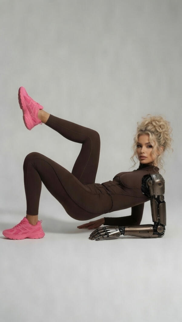Mia Liorvian synthetic entity L9RA seated floor pose L-Series Armature supporting body weight mechanical hand on floor brown athletic set pink sneakers curly blonde updo speculative fashion industrial realism mechatronic design hybrid CGI