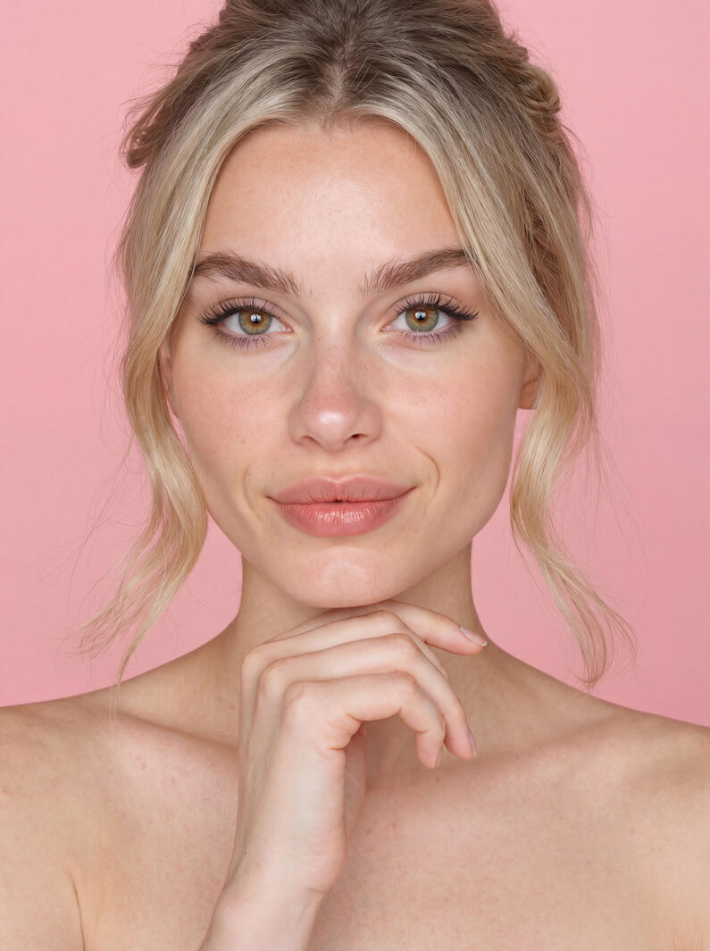 Close-up portrait of Mia Liorvian against a pink backdrop with hand under chin.