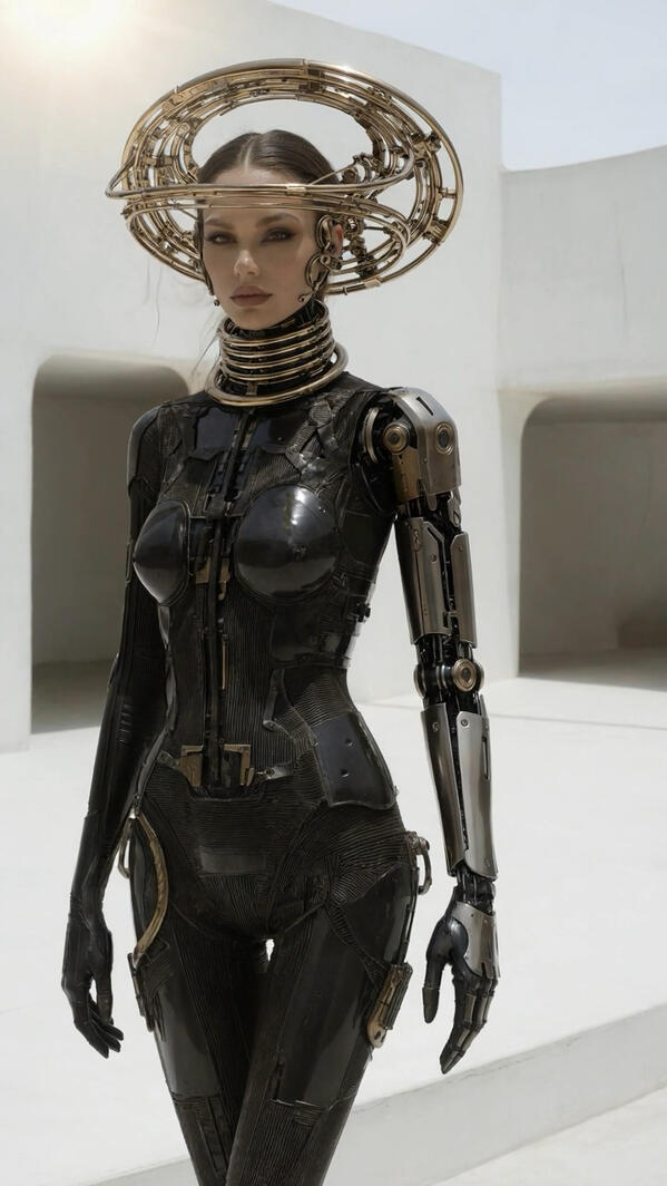 Mia Liorvian full body black armored suit with droid arm — original sci-fi character design LIORVIAN SERIES