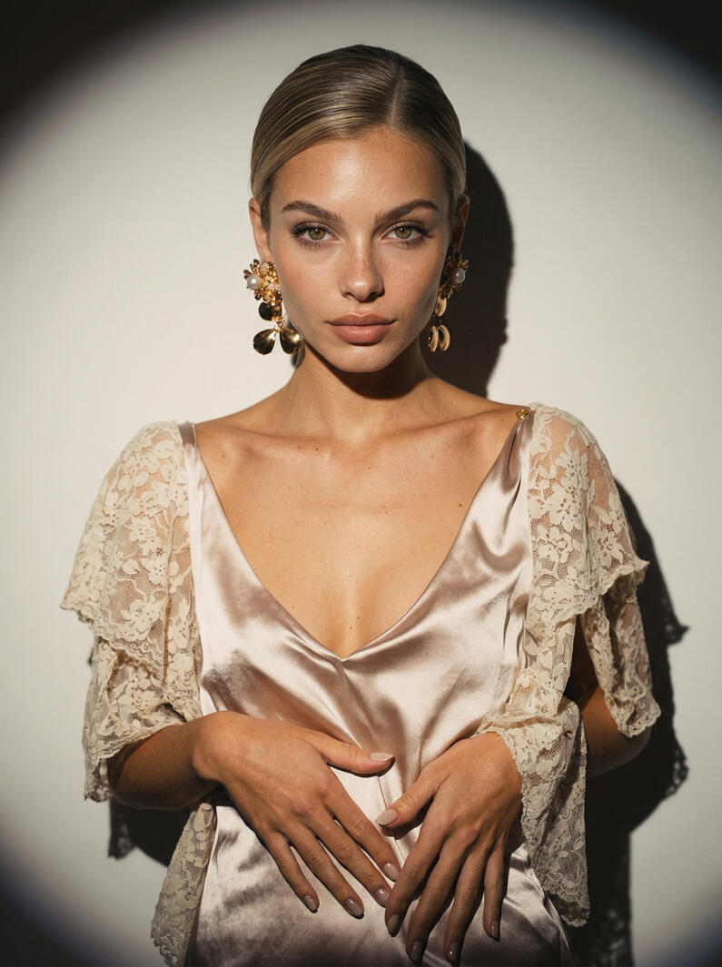Studio portrait of Mia Liorvian in champagne satin dress and lace sleeves, hard light.