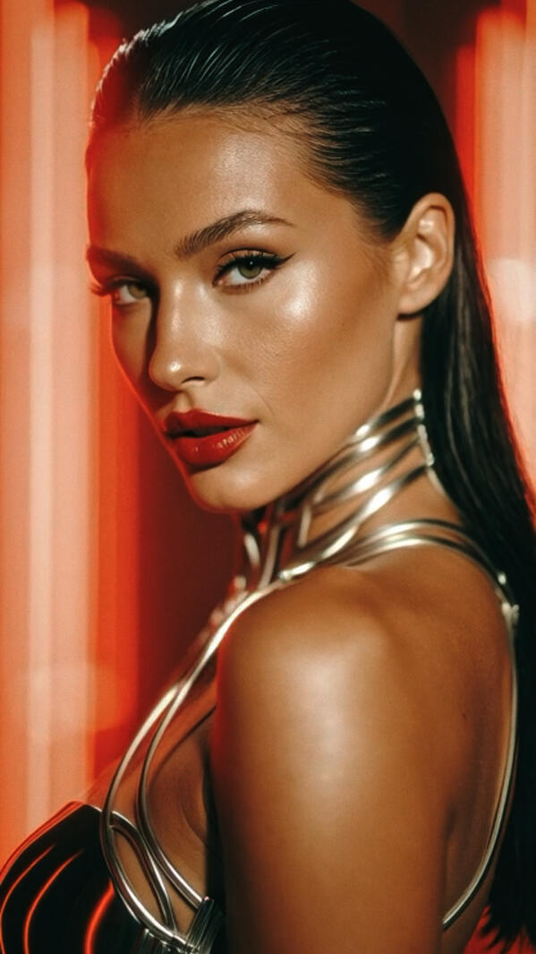 Close-up portrait of Mia Liorvian against red neon lights